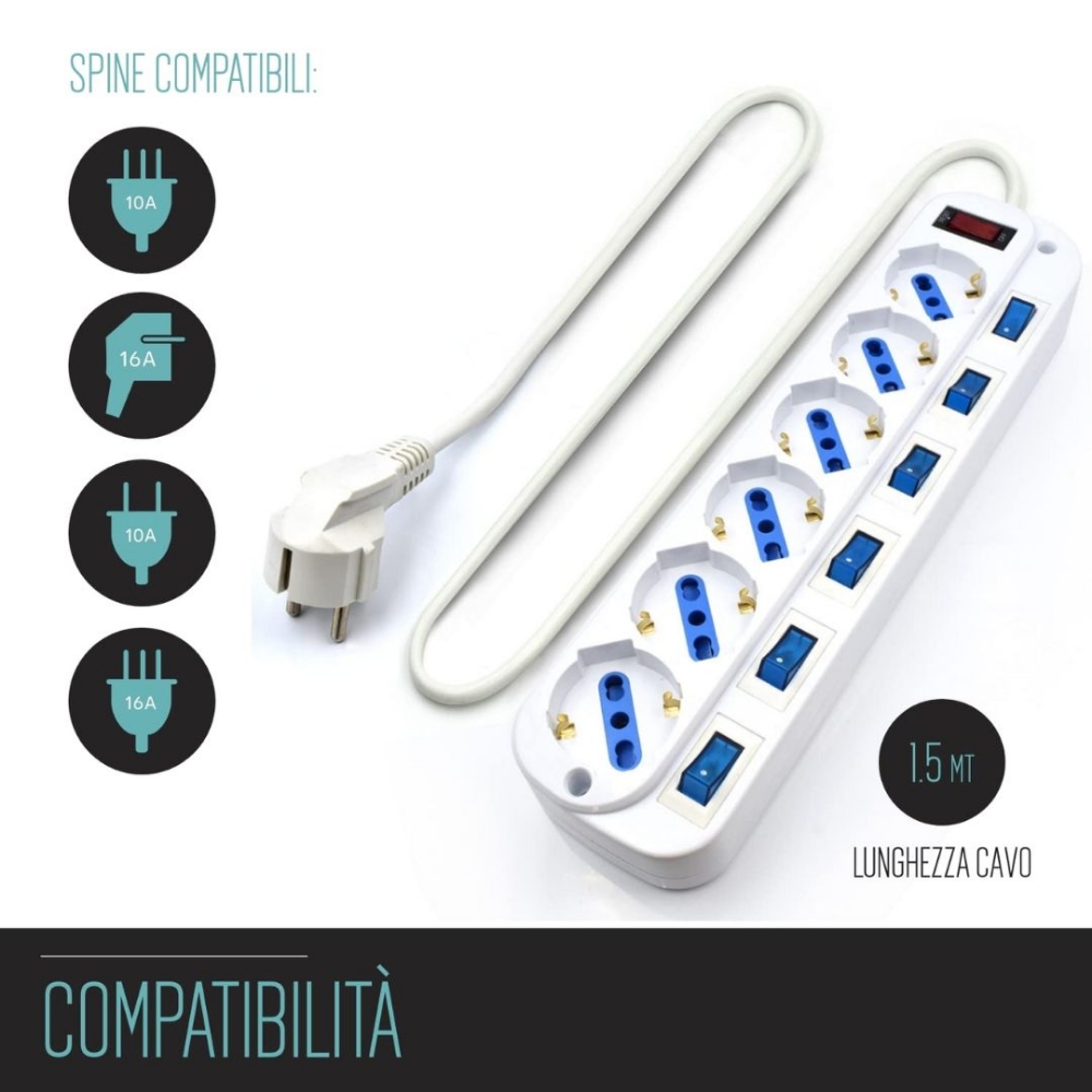 Immagine di MULTIPRESA 6 PRESE CON PROTEZIONE DA SOVRATENSIONE E SINGOLI INTERRUTTORI EWENT EW3932-3M BIANCA