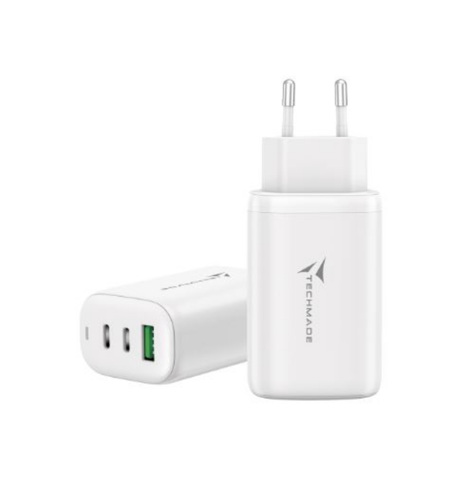 Immagine di CARICABATTERIA RAPIDO 65W GAN 3 PORTE (2USB-C USB-A) TECHMADE TM-P937-WH