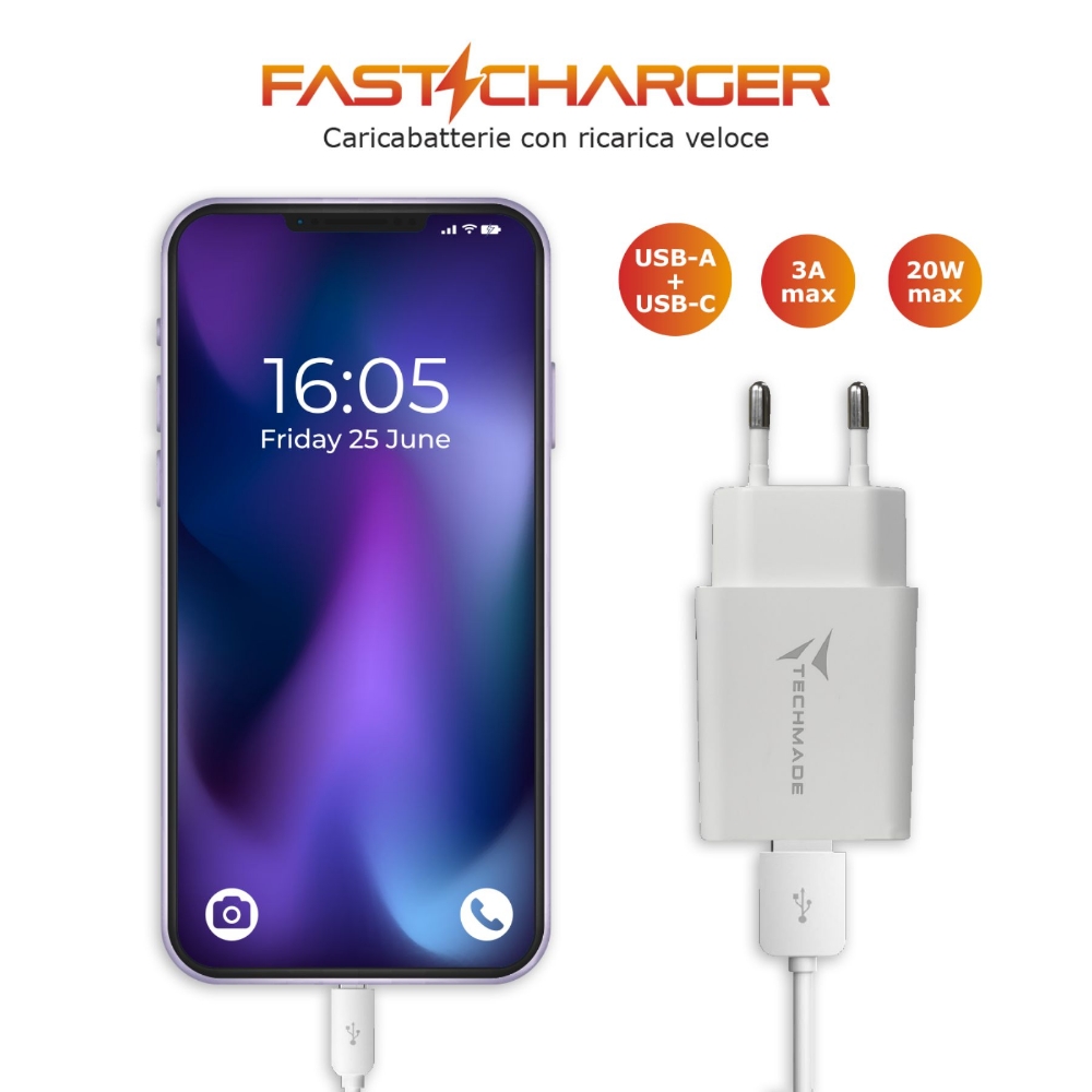 Immagine di CARICABATTERIA DA RETE FAST CHARGE USB-C + USB-A 20W TECHMADE FAST CHARGE TM-389