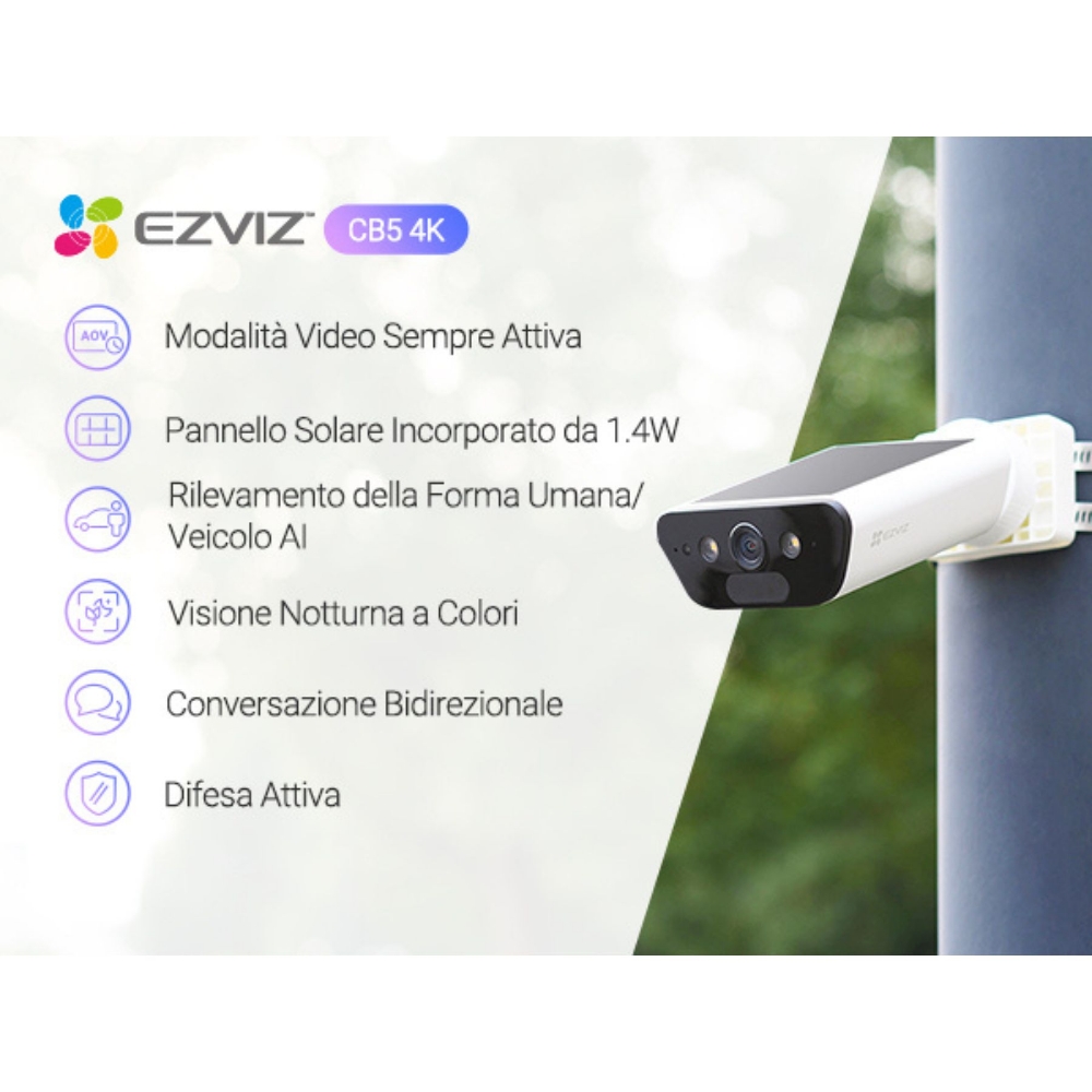 Immagine di TELECAMERA DI VIDEOSORVEGLIANZA DA ESTERNO 4K EZVIZ A BATTERIA CON PANNELLO SOLARE INTEGRALE CS-EB5-4K