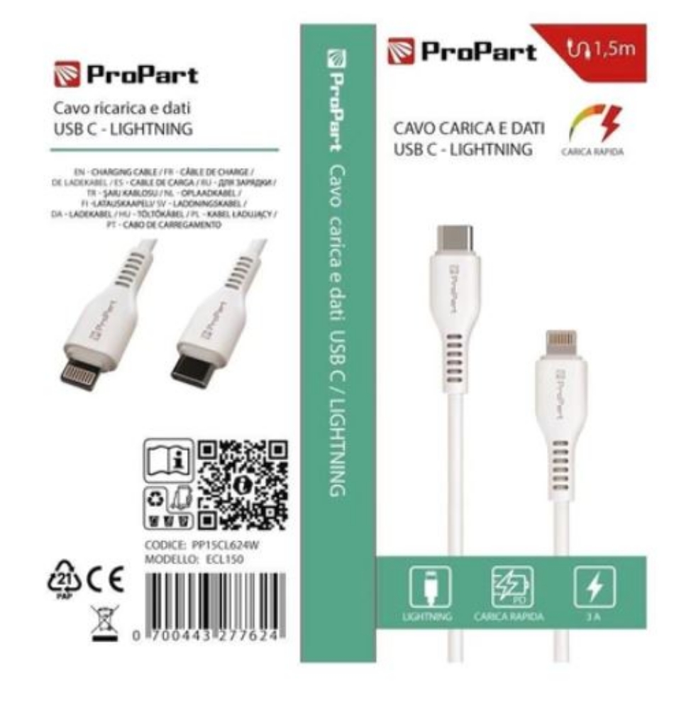 Immagine di CAVO DATI/CARICA PER SMARTPHONE TYPE-C/LIGHTNING 1.5M BIANCO PROPART PP15CL624W