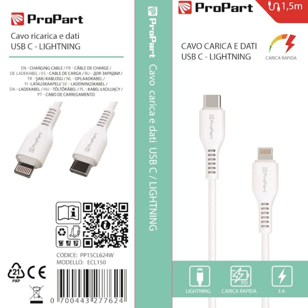 Immagine di CAVO DATI/CARICA PER SMARTPHONE TYPE-C/LIGHTNING 1.5M BIANCO PROPART PP15CL624W