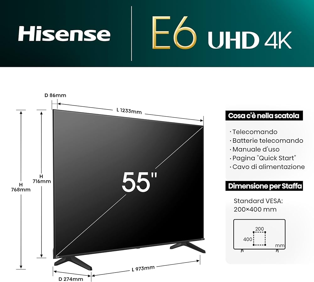 Immagine di TV LED 55" HISENSE 4K 55A6N SMART TV ITALIA BLACK