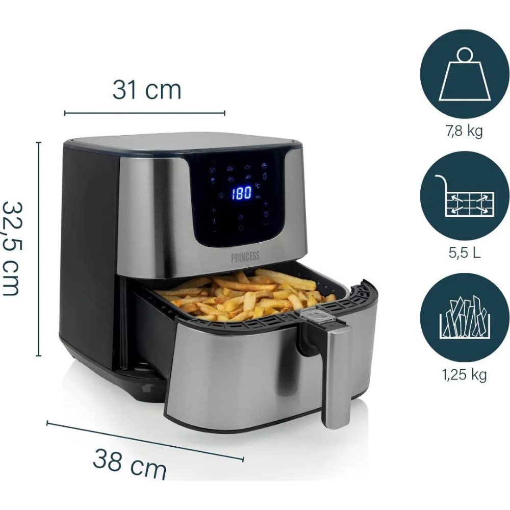 Immagine di FRIGGITRICE AD ARIA CALDA 5.5 LT PRINCESS XXL DELUXE 1700W 182060 ACCIAIO NERO/SILVER