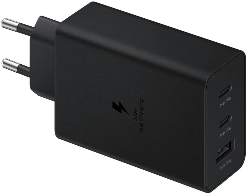 Immagine di CARICABATTERIA DA RETE SAMSUNG SUPER FAST CHARGING 65W EP-T6530NBEGEU 2 PORTE USB-C/1 PORTA USB-A BLACK