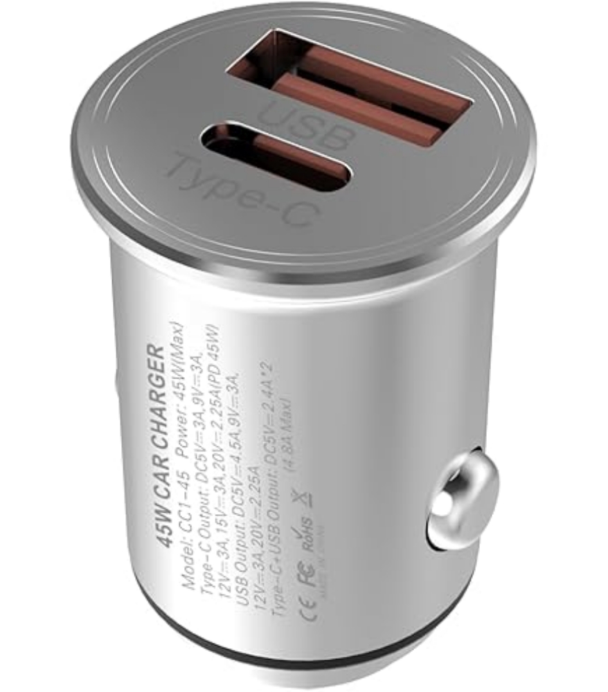 Immagine di CARICATORE DA AUTO PER SMARTPHONE ONYX CC1-45 2 PORTE 45W ARGENTO