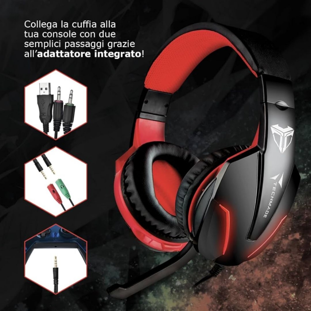 Immagine di CUFFIE + MICROFONO 3.5MM GAMING TECHMADE TM-FL1-RED