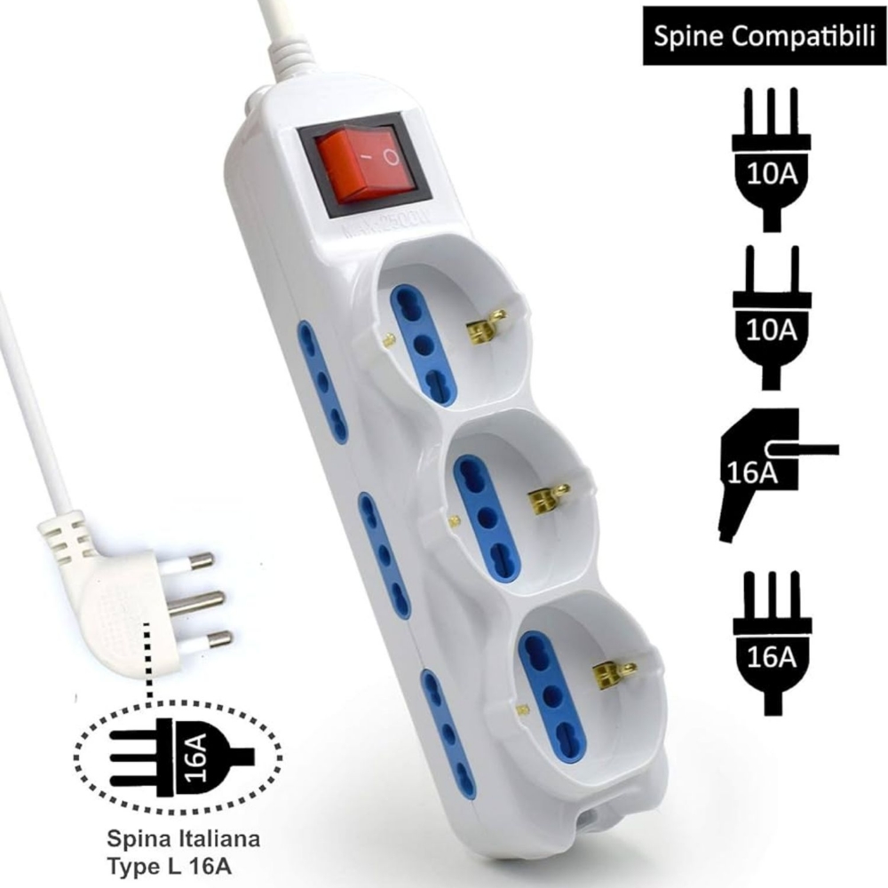 Picture of MULTIPRESA 9 PRESE CON PROTEZIONI E SPINA ITA - 6 ITA - 3 ITA+SCHUKO EWENT EW3928 BIANCO