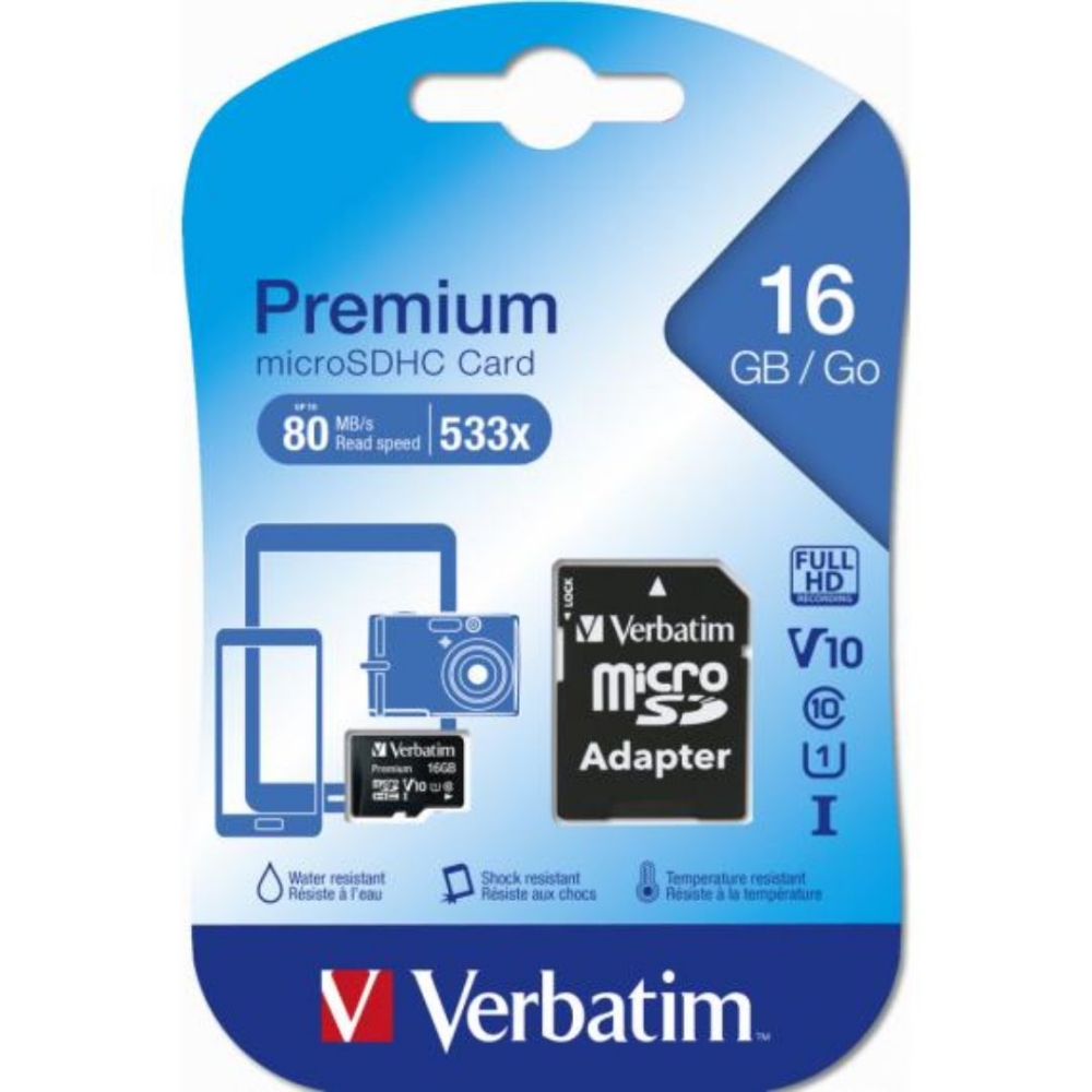 Picture of MEMORY CARD MICRO SD/TRANSFLASH 16GB VERBATIM CLASSE 10 44082