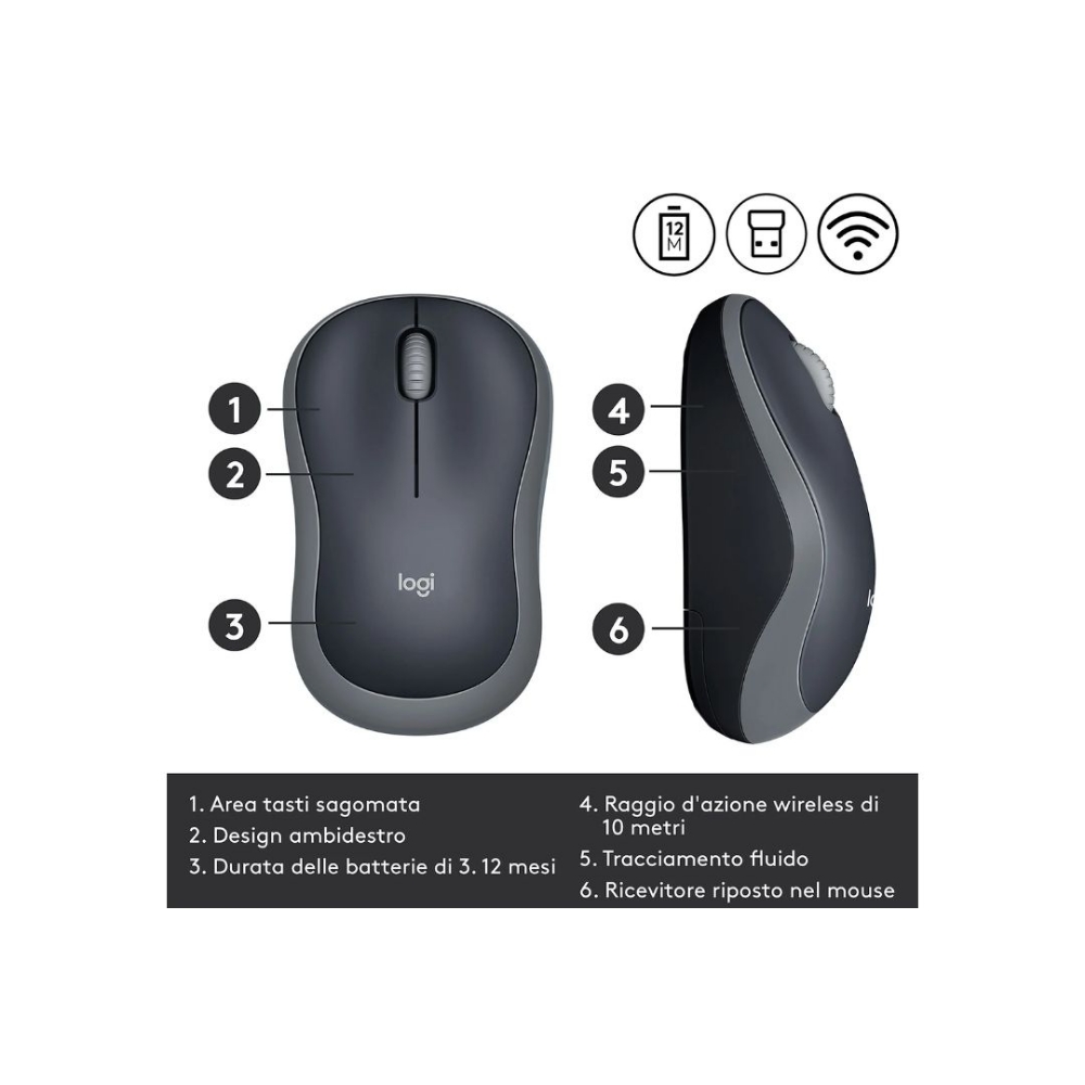 Immagine di MOUSE OTTICO CORDLESS USB LOGITECH M185 SWIFT GREY 910-002238
